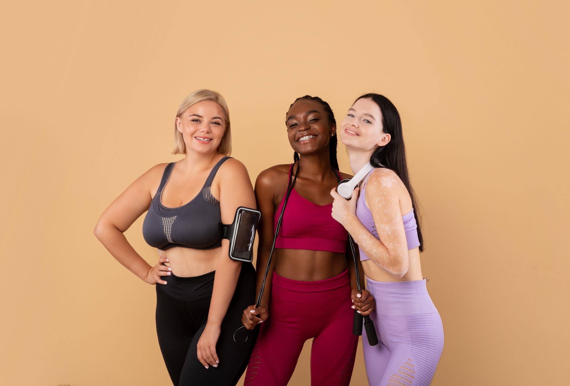 Diverse Females With Different Skin And Body Types Posing In Sportswear