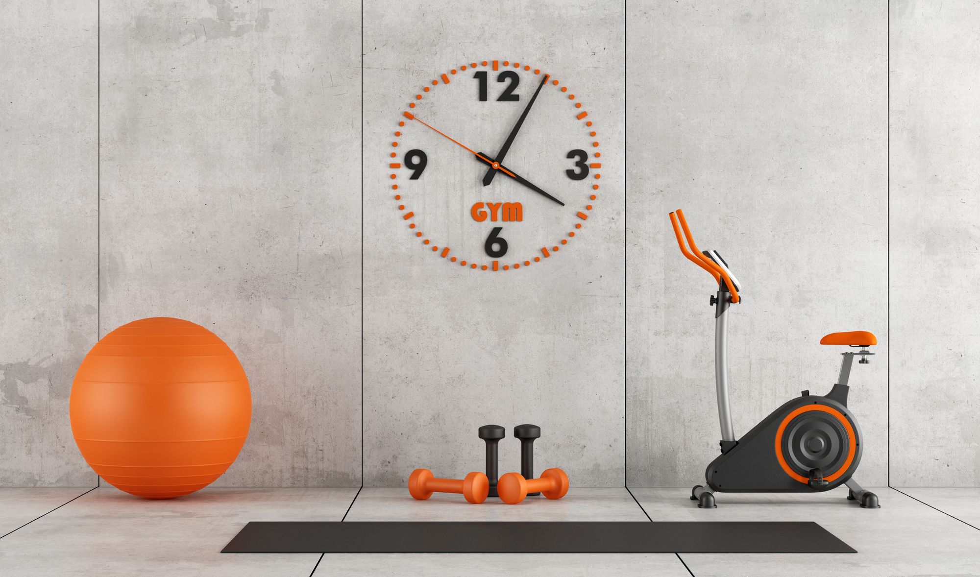 Concrete room with orange coloured gym equipment