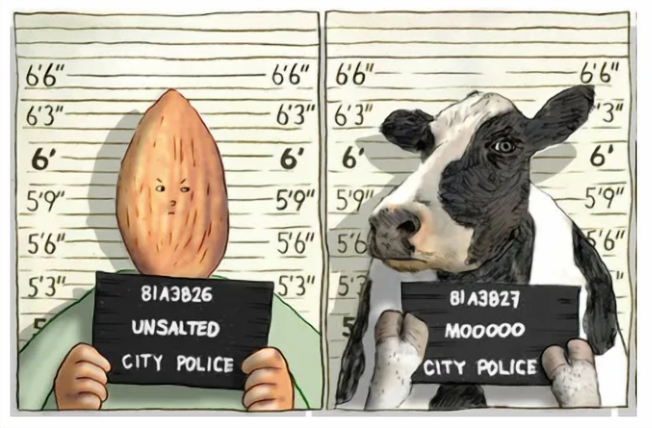 Cartoon mugshots of a an almond character and a cow