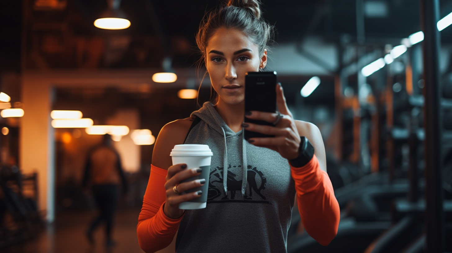A photo of an athletic woman wearing gym clothing taking a mirror selfie and drinking an iced coffee with gym background