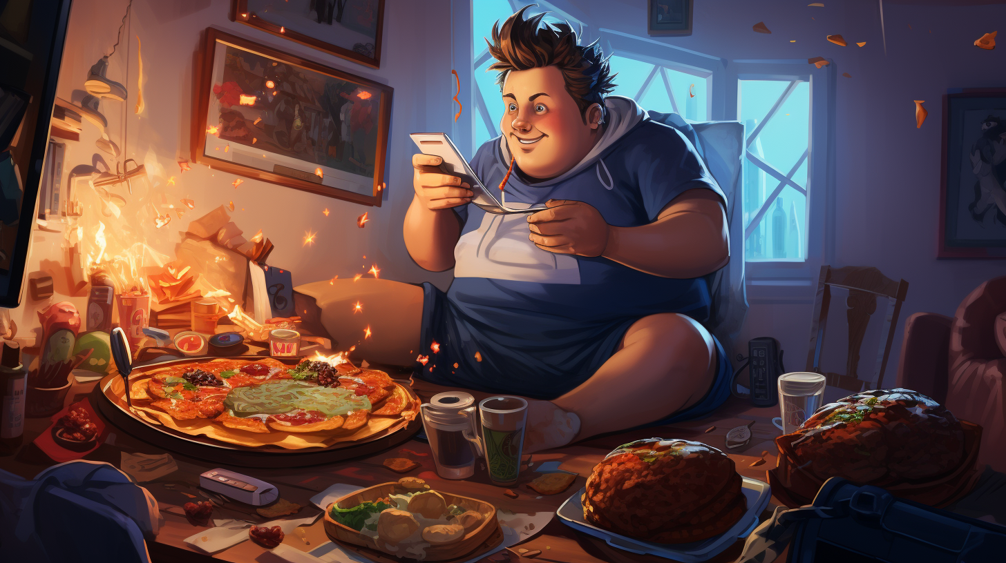 An illustration of an overweight person sitting in his room playing on his phone and having a feast