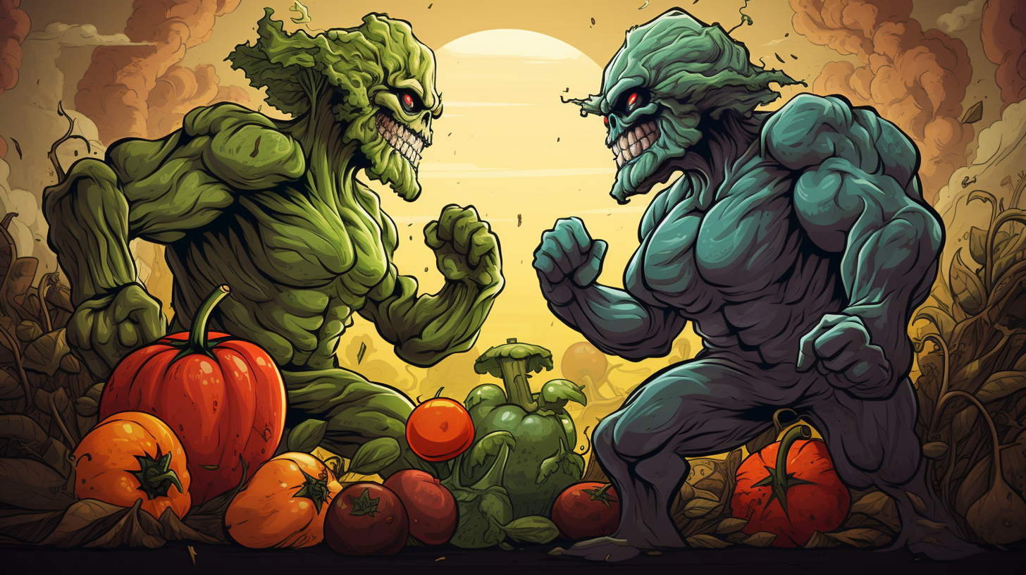 An illustration of different Vegetables as Halloween monsters growling at each other in a gym art deco style
