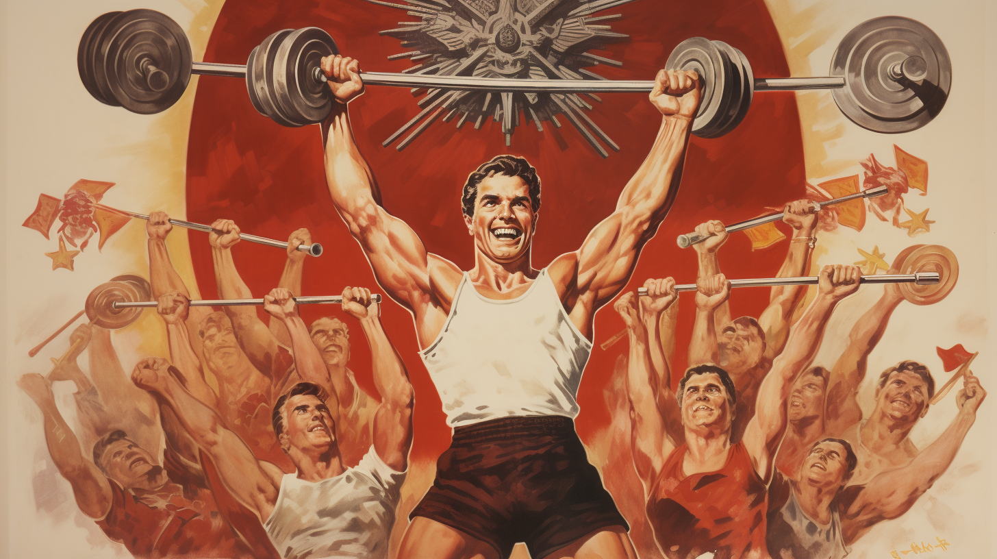 An athlete performing multiple exercise all at the same time soviet poster style