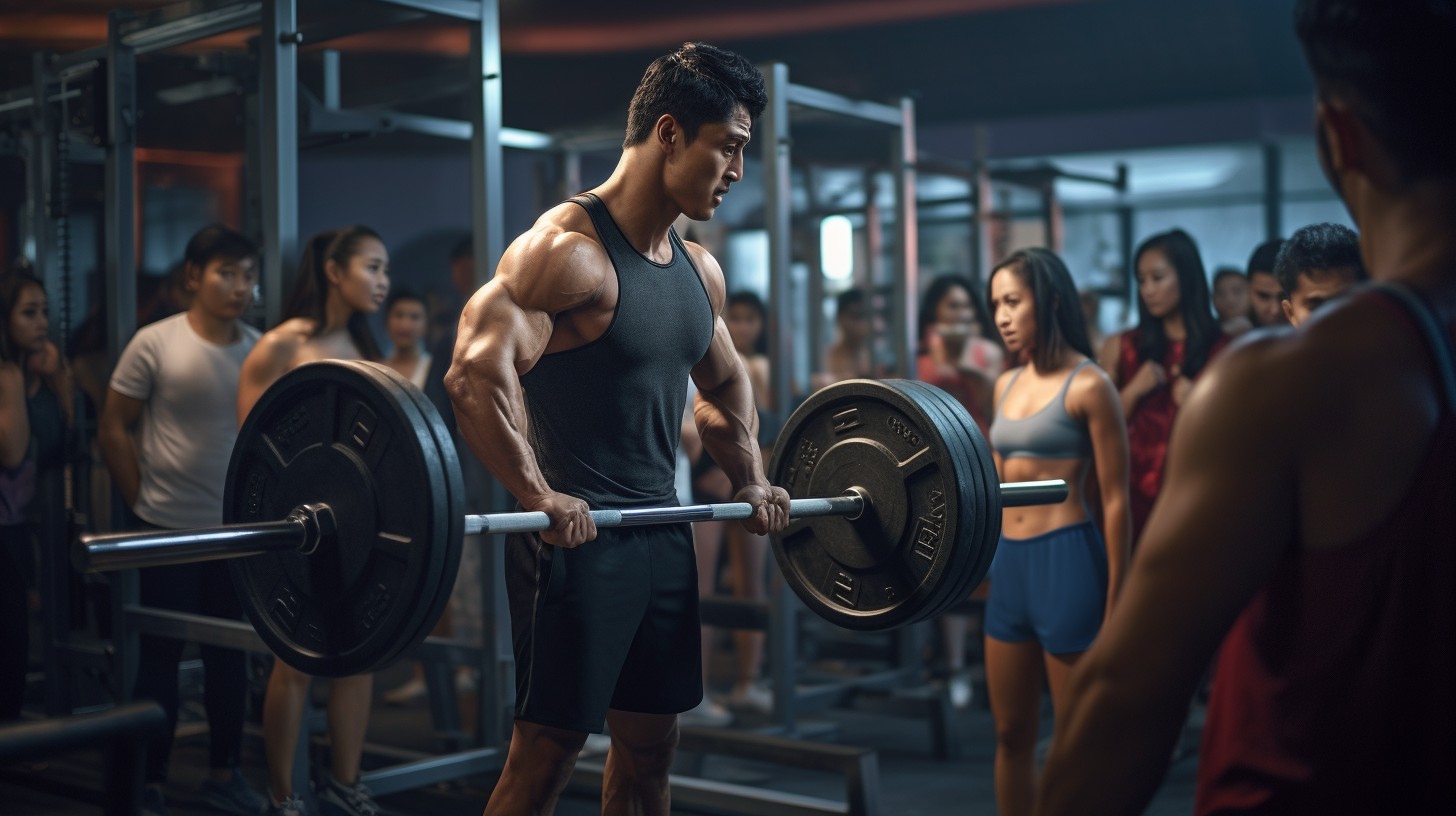 An Asian young guy performing a an exercise with barbell in a crowded gym being looked at by other guys and girls