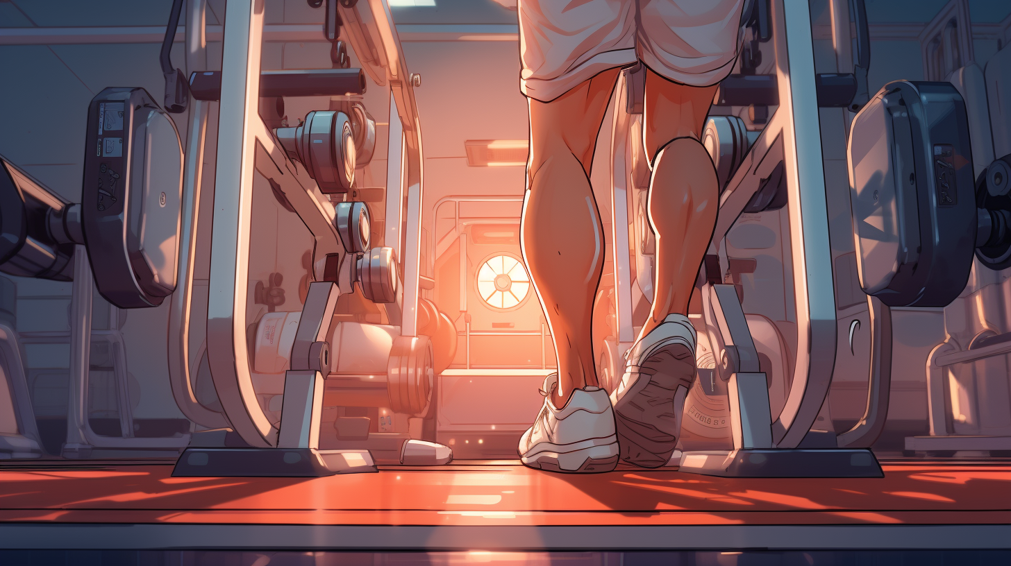 An athlete in the gym training legs on an exercise machine with gym background and weights digital illustration style