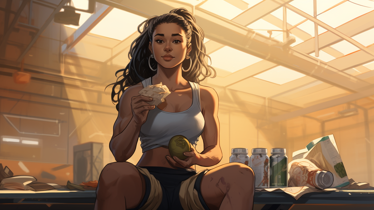 A mixed race female athlete in the gym eating out of a food container with gym background