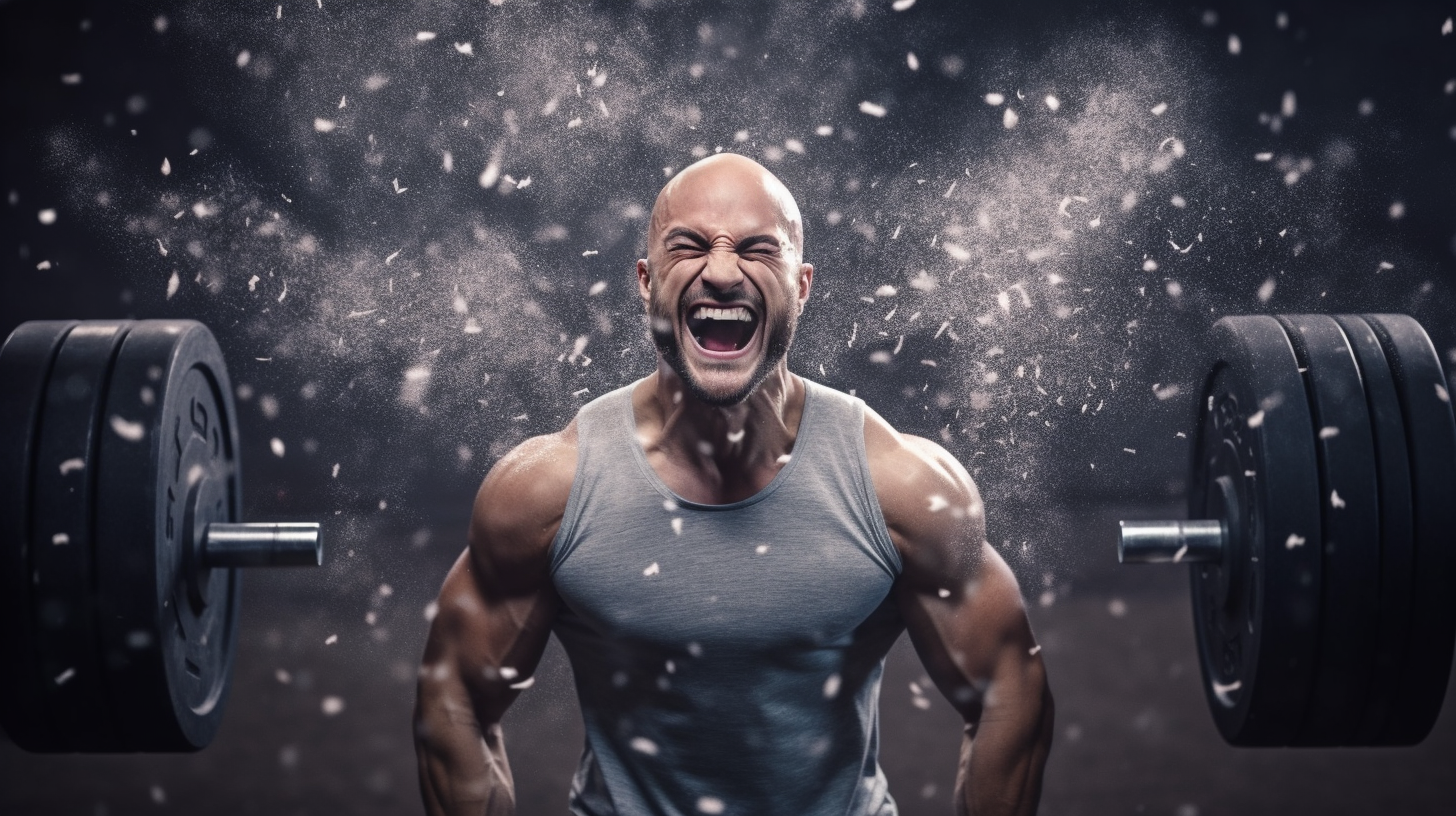 A bald male athlete head full of powder ,barbell squatting smiling with gym background