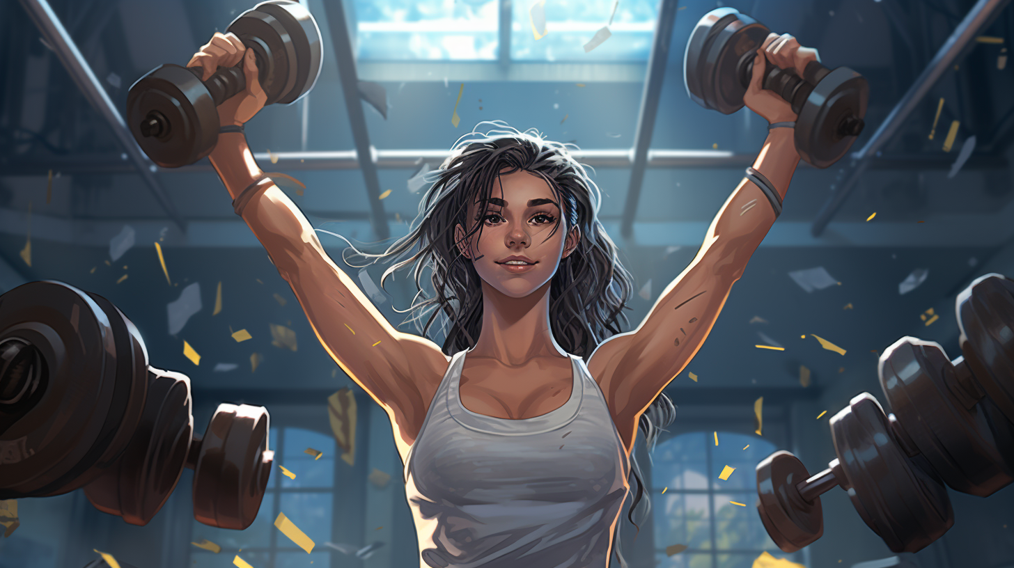 A female athlete in the training arms on an exercise machine with gym background and weights digital illustration
