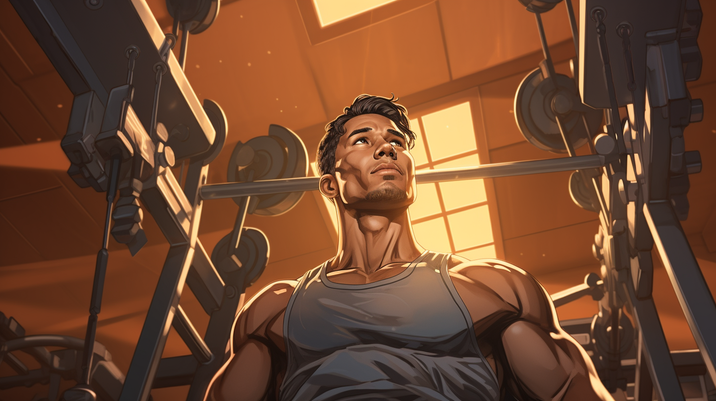 A mixed race male athlete in the gym training staring at an exercise machine low angle illustration