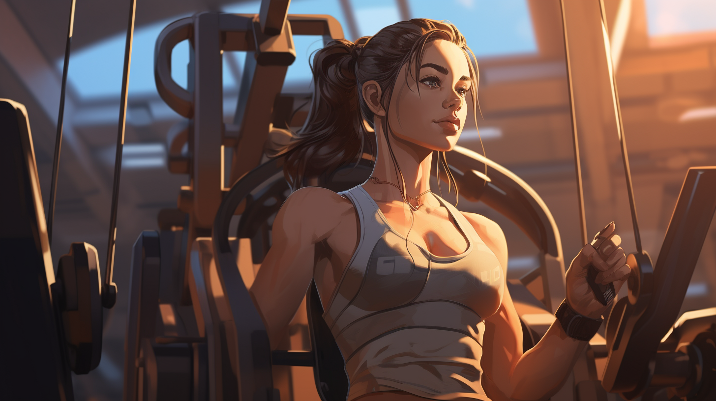 A female athlete in the gym training shoulders on an exercise machine with gym background digital art