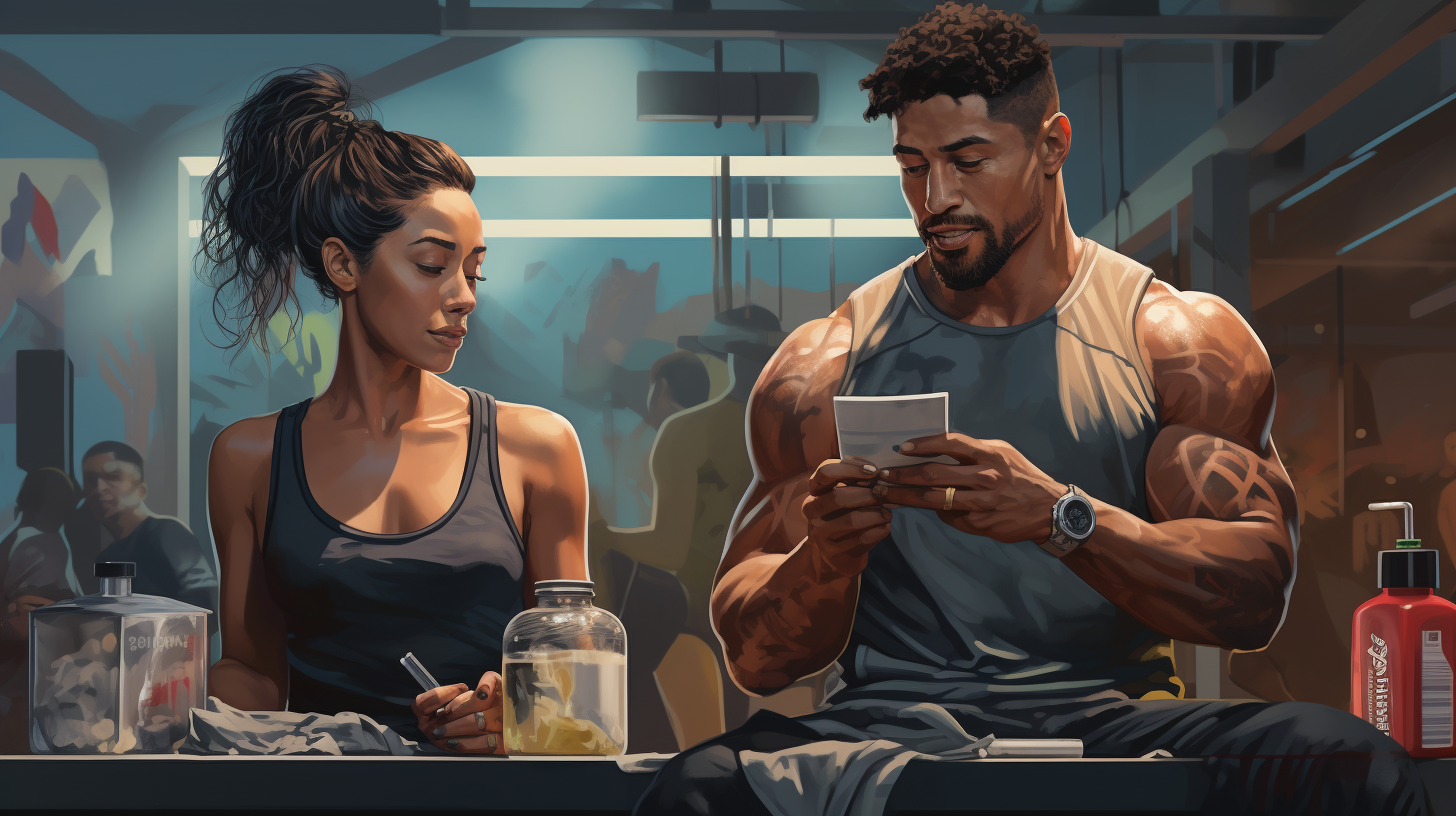 A mixed race female and male athletes in the gym eating out of a food container with gym background