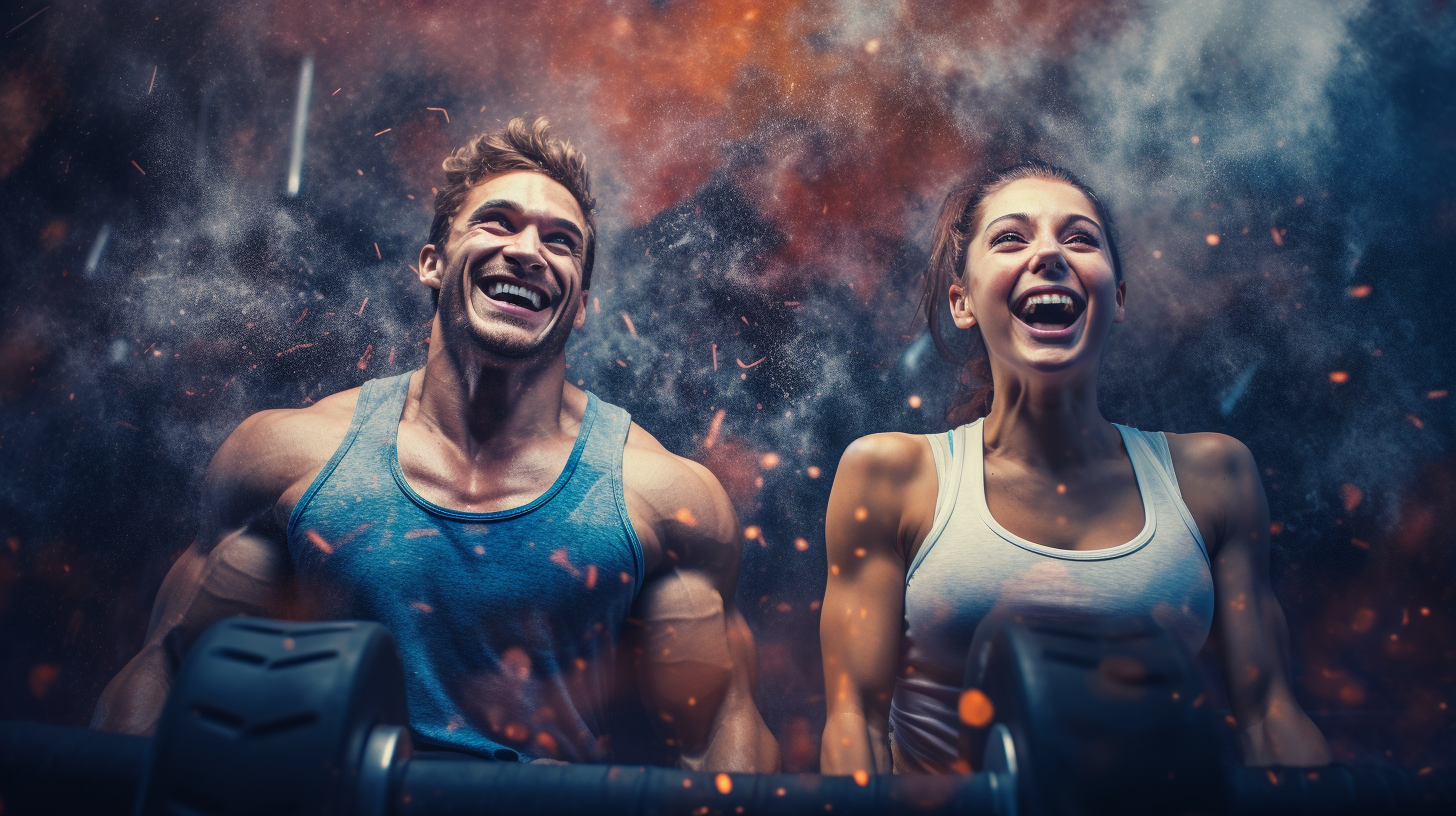 Abstract photo of female and male athletes smiling in the gym, background gym equipment flying