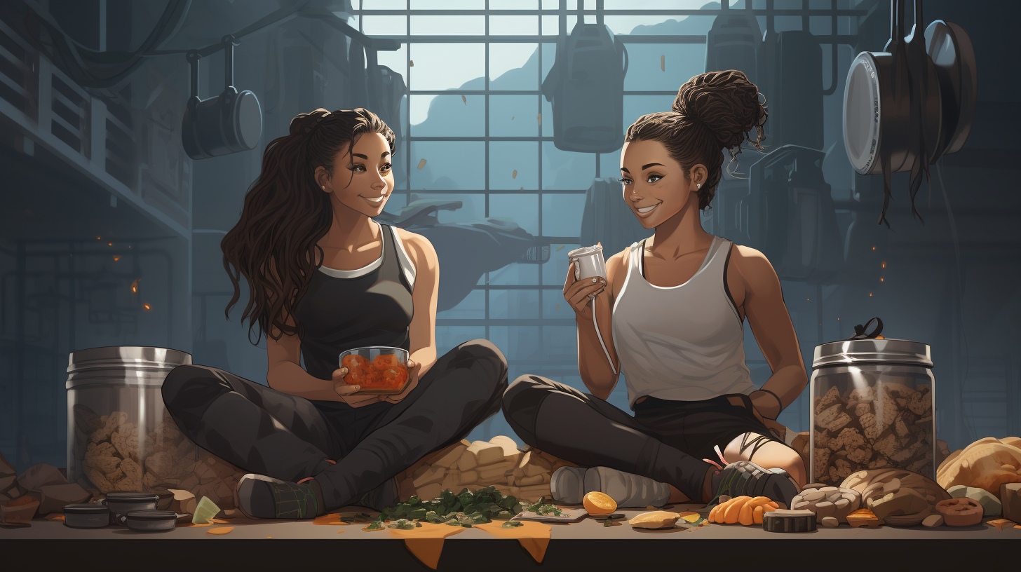 Two mixed race female athletes sitting on a kitchen counter and eating food, digital illustration