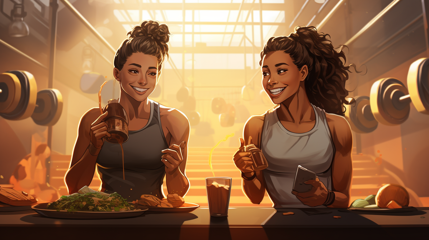 Two mixed race female athlete in the gym eating with gym background and weights digital illustration style