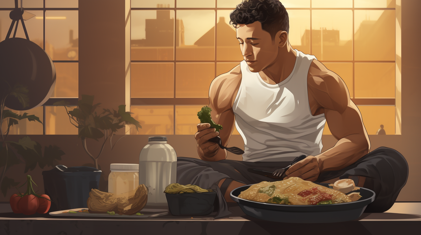 A mixed race male athlete in the gym eating out of a food container digital illustration