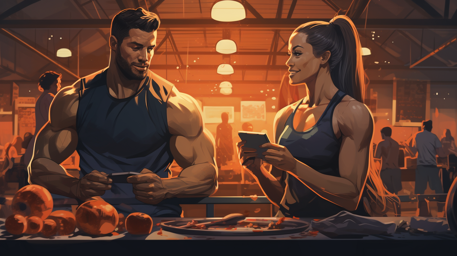 Female and Male athlete in the gym eating with gym background and weights digital illustration