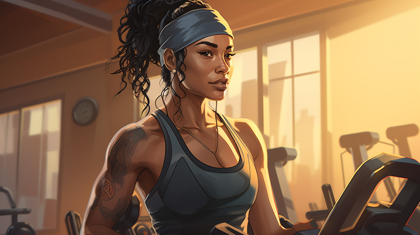 A mixed race female athlete in the gym exercising with gym background and weights digital illustration 