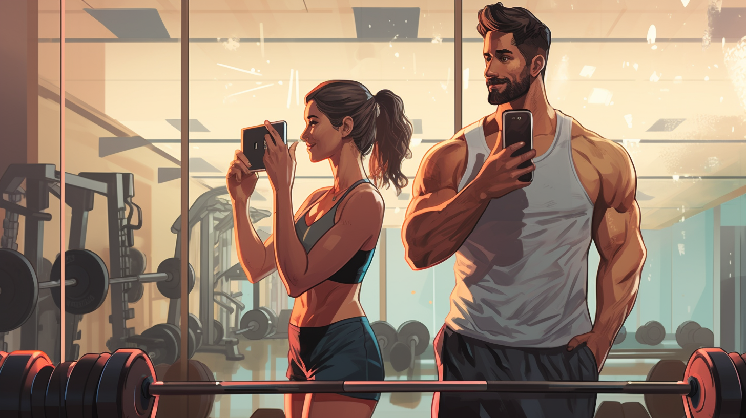 A female and male athlete taking a selfie of their backs, in the gym mirror, smiling , digital illustration style