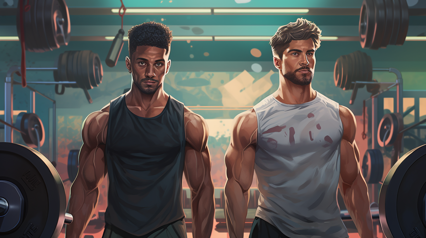 A portrait of two mixed race male athletes in the gym with barbell plates and weights as background 
