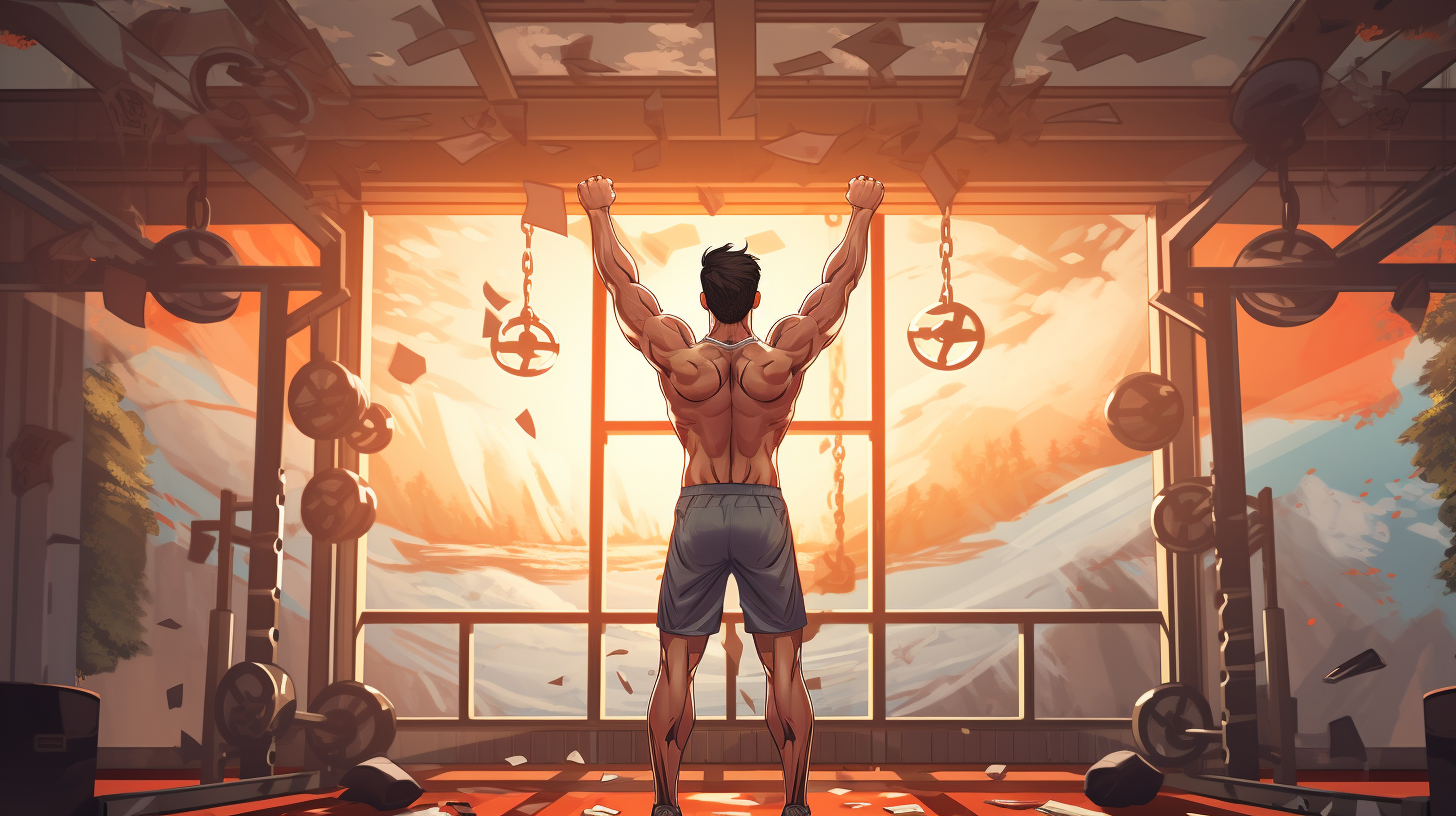Asian male athlete in the gym flexing middle back with gym background and weights digital illustration style