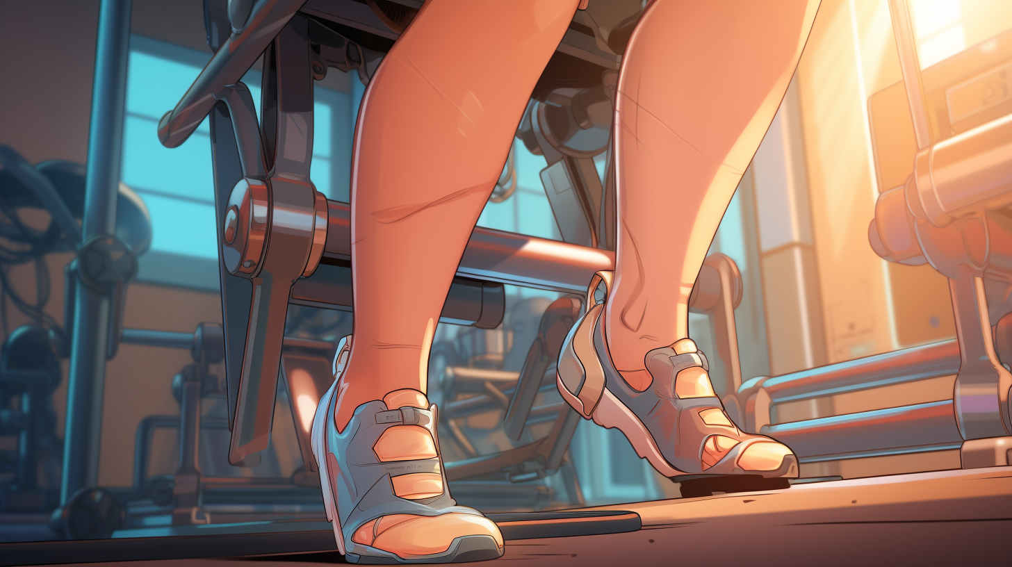close up view of calves on a female athlete exercising on leg machine , gym background and weights digital illustration
