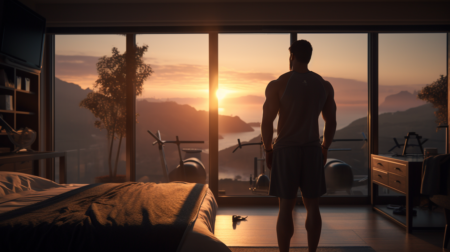 A male athlete waking up in bed with a beautiful sunrise view over a valley digital illustration