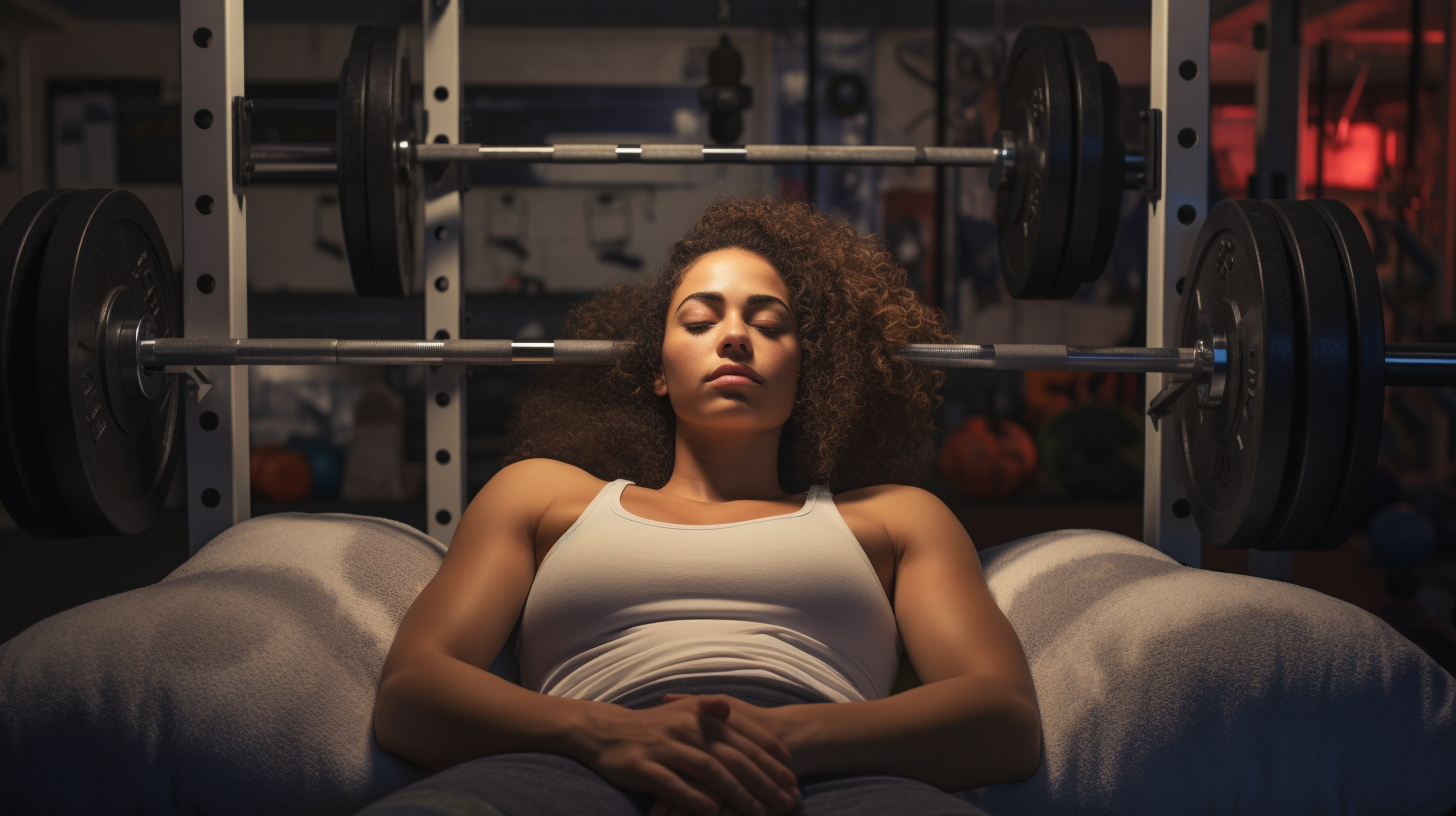 Mixed race female athlete sleeping on the floor near a squat rack gym background