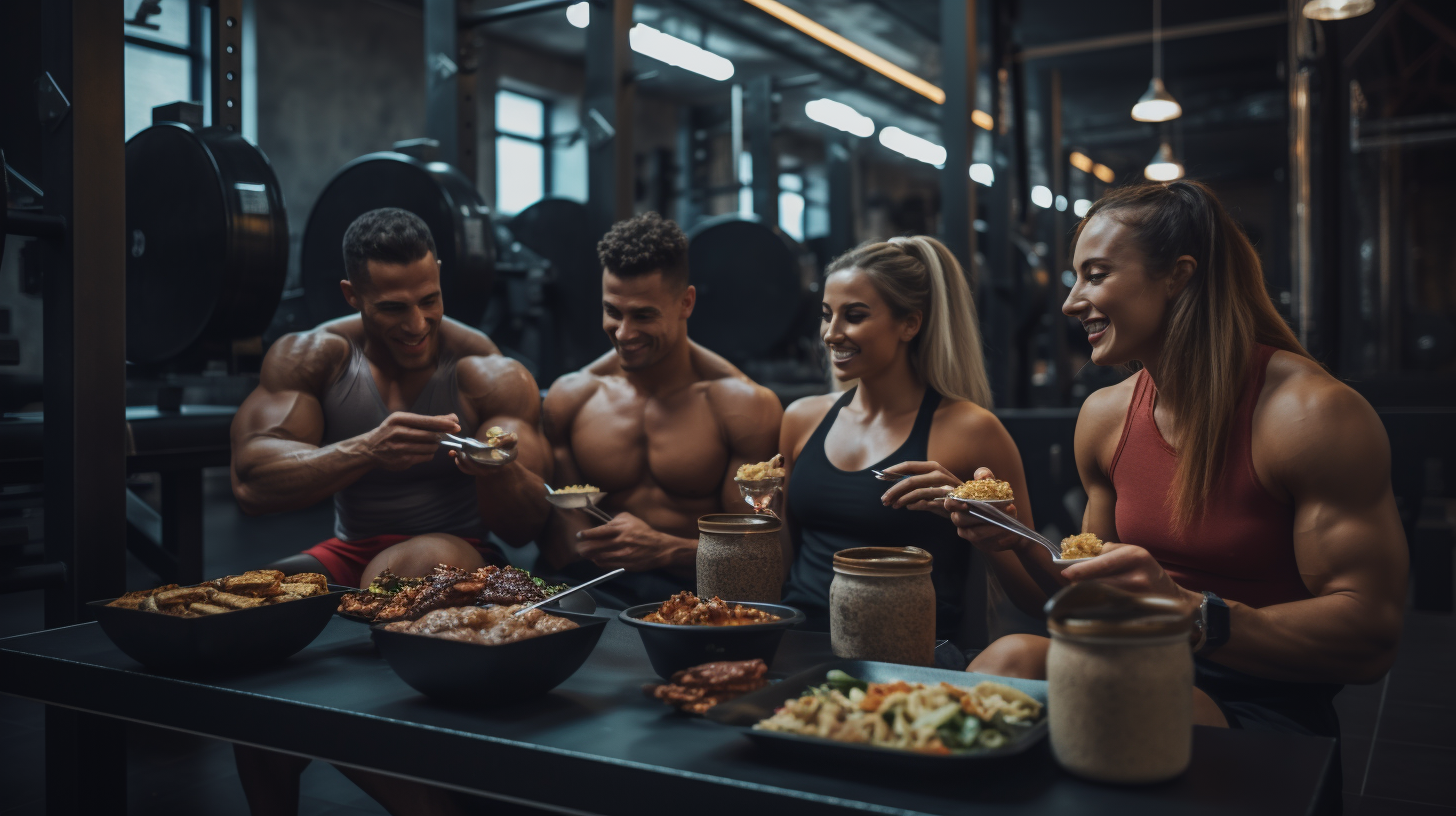 A group of female and male athletes sitting down eating in the gym background weights