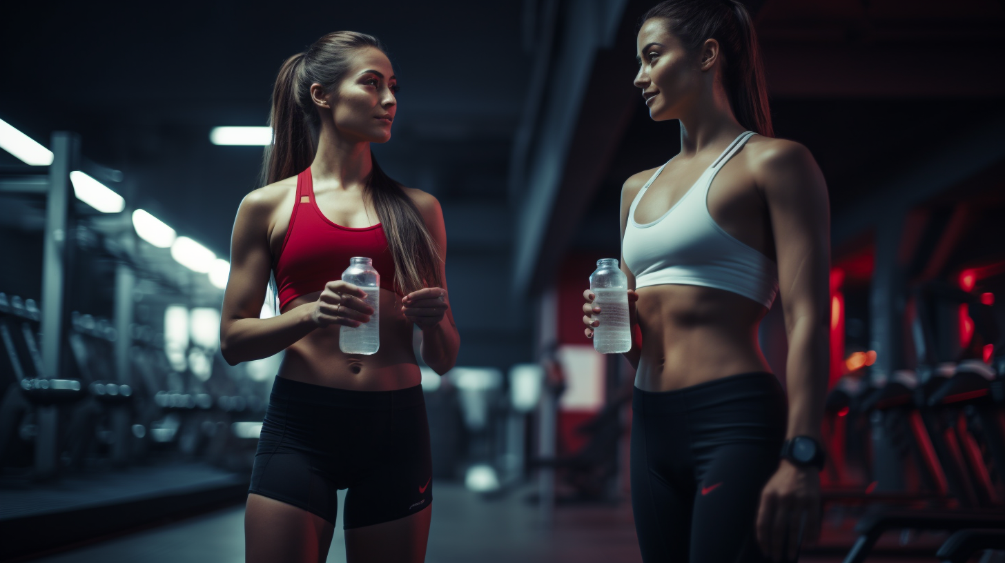Two female athletes having a water break in the gym, talking to each other with cardio equipment in the background